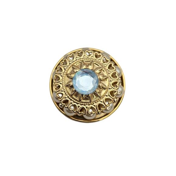 Vintage Gold Filigree Heart Brooch Blue Glass Stone & Faux Pearls - Picture 1 of 6